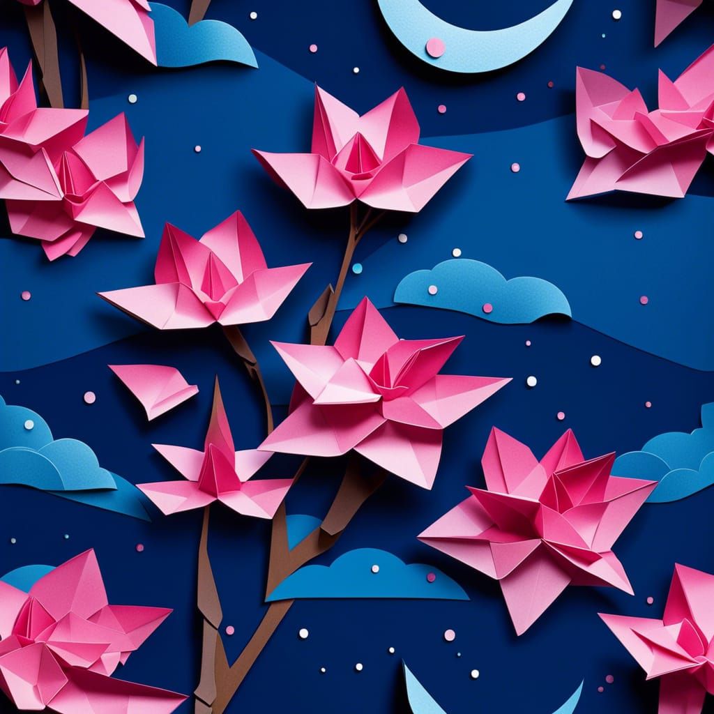 Origami Sakura Tree Under Blue Moon