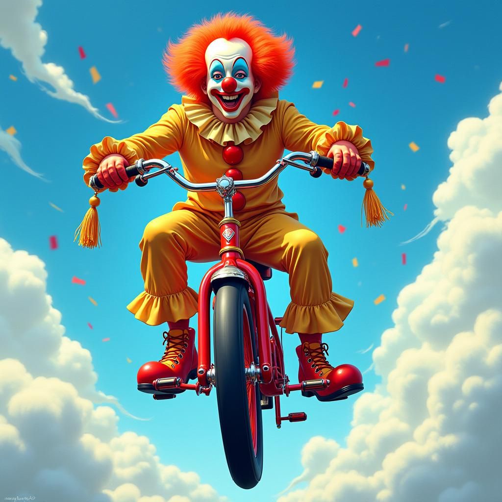 Clown on Tricycle Soaring Through Clouds in Comic-Book Art