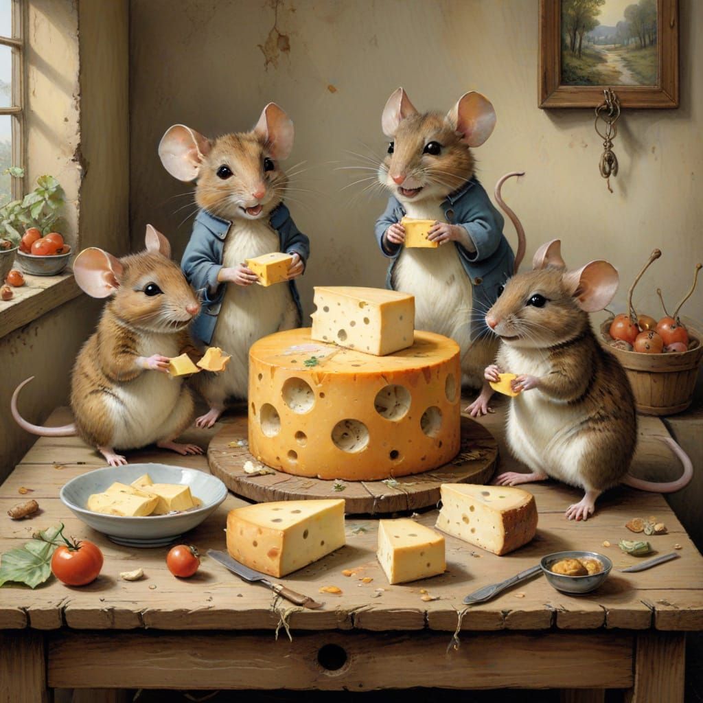 Whimsical Mice Enjoy a Gourmet Feast in a Charming Still Lif...