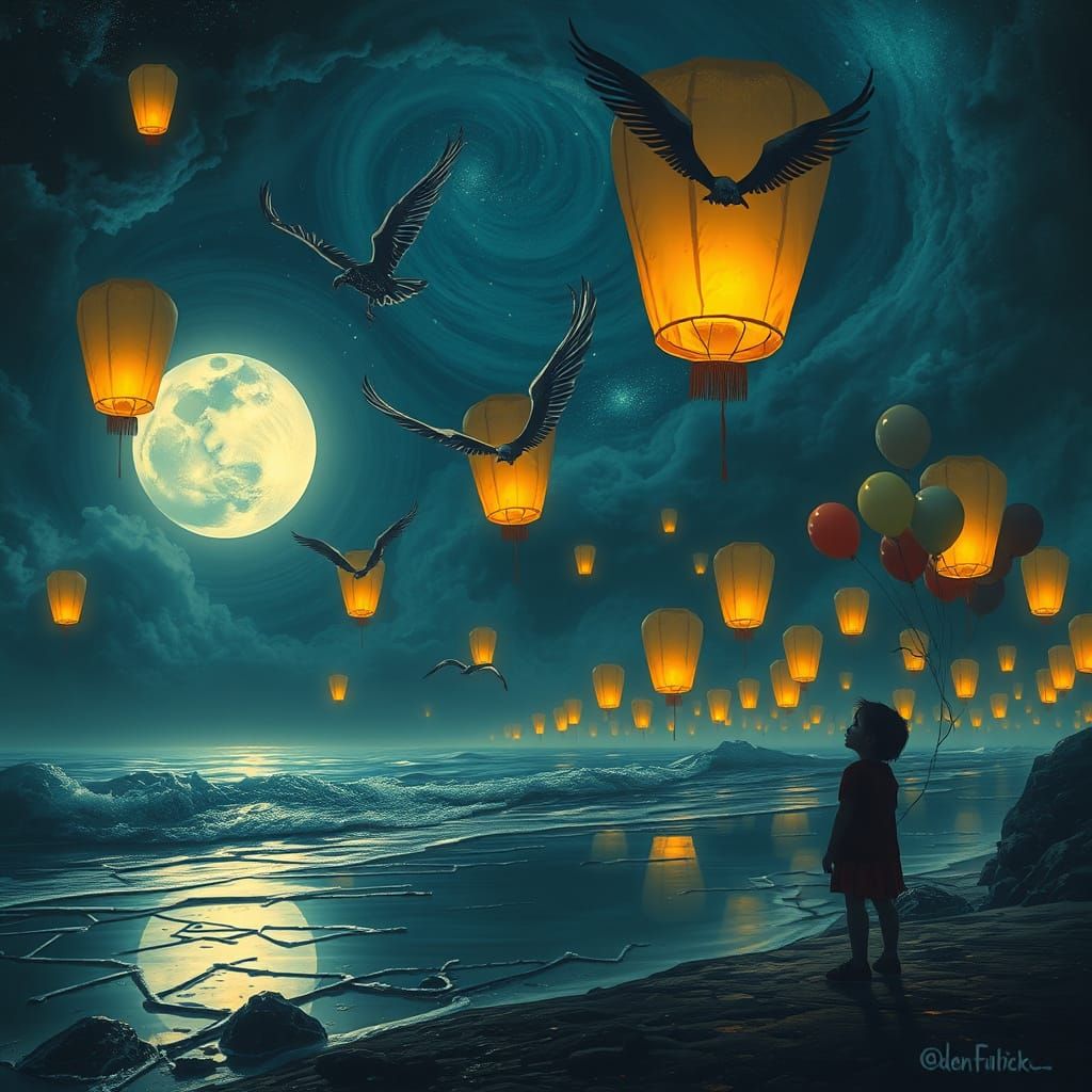 Ethereal Lanterns Transform to Birds on Moonlit Shore