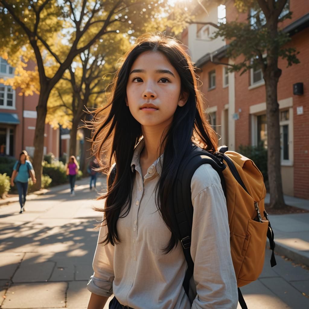 Girl Walks to School in Morning Light