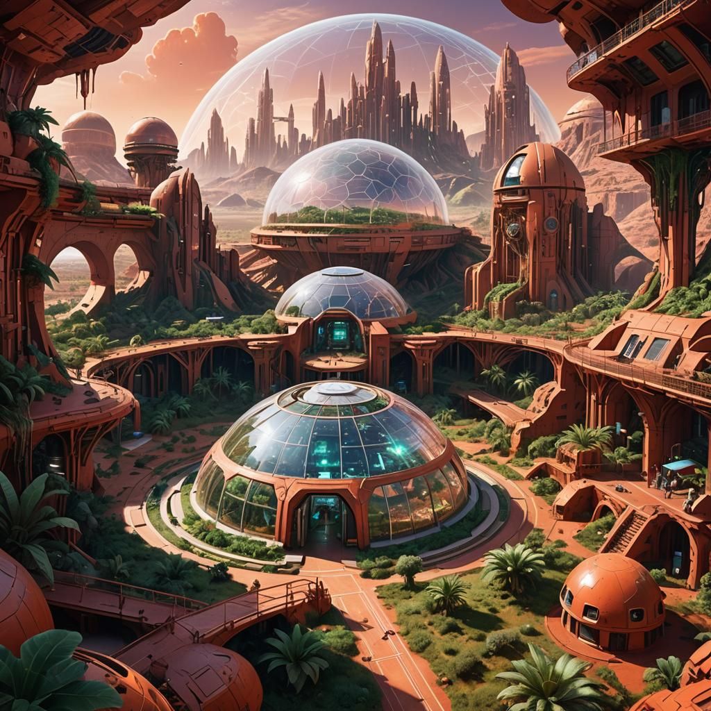 Vibrant Domed City on Mars in Sci-Fi Style
