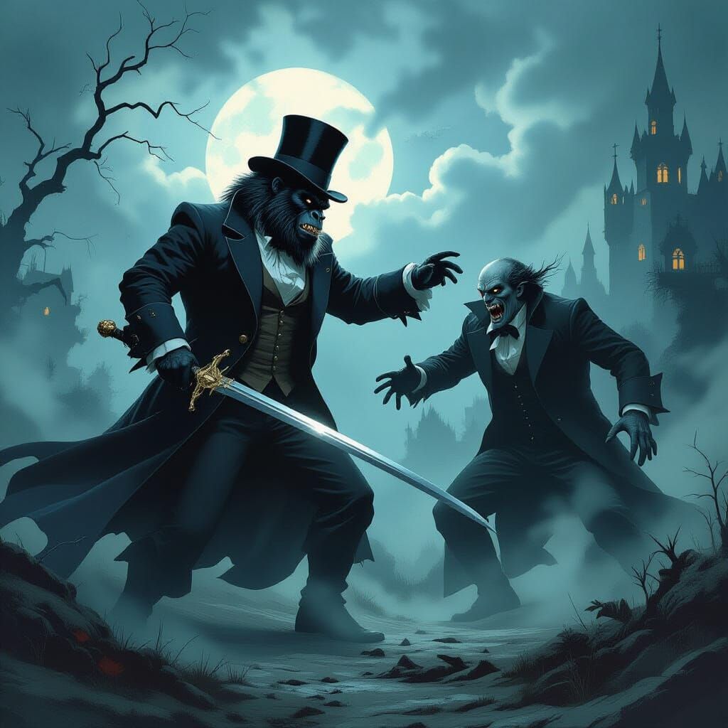 Victorian Gorilla Battles Vampire in Gothic Comic Style