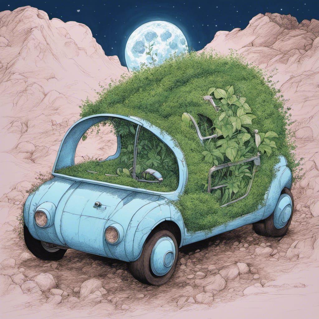 Living Plant Car on the Moon, in Drawing Style