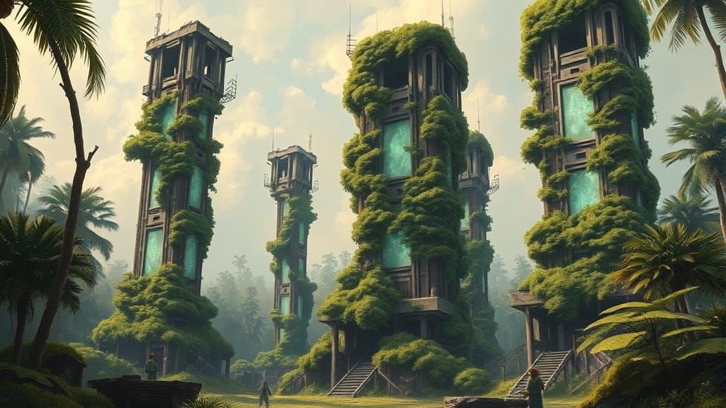 Futuristic Ruins Reclaimed by Nature as Oil Painting