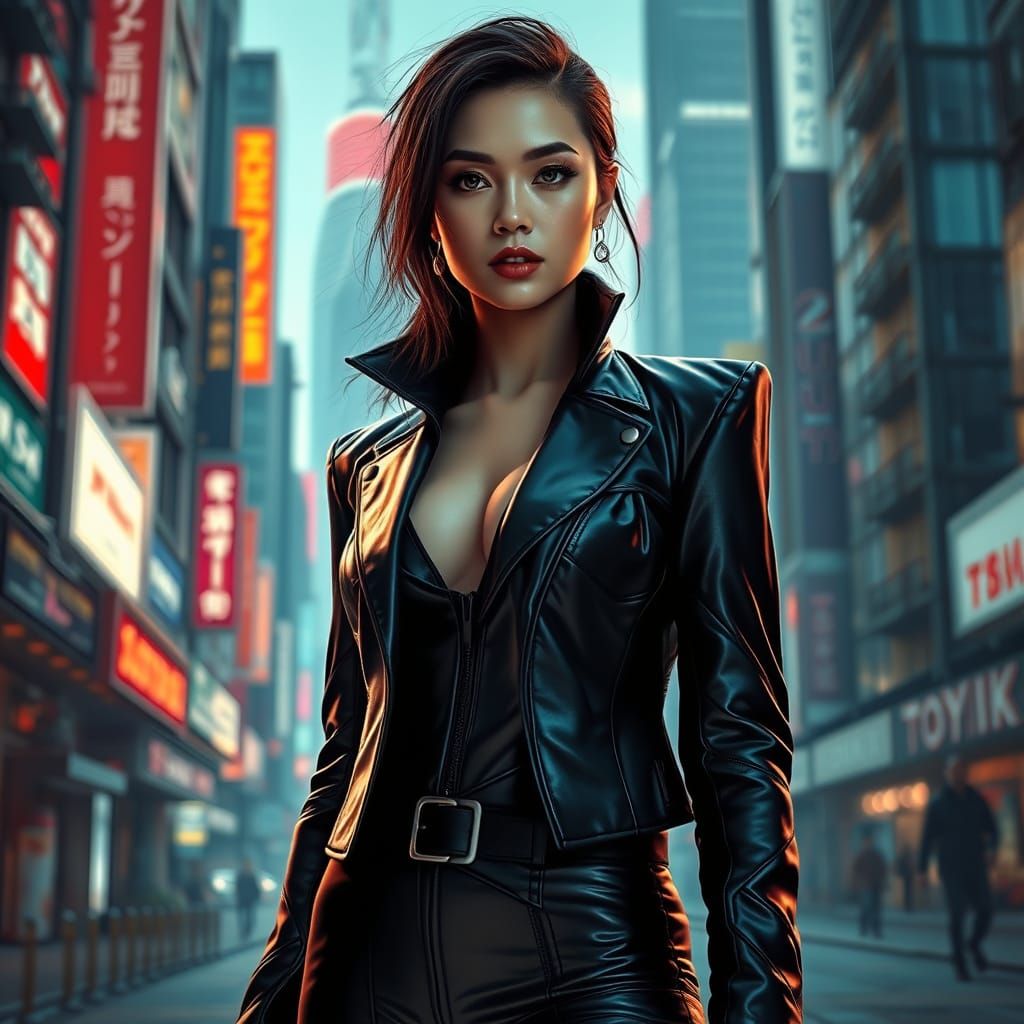 Sleek Woman in Neo-Tokyo Cityscape, Cyberpunk Style