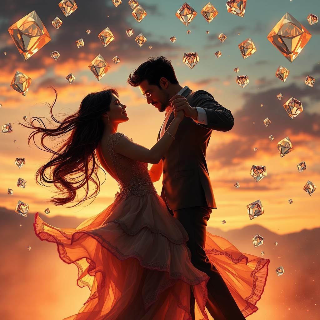 Couple Dancing in Diamond Dusk: Art Nouveau Portrait