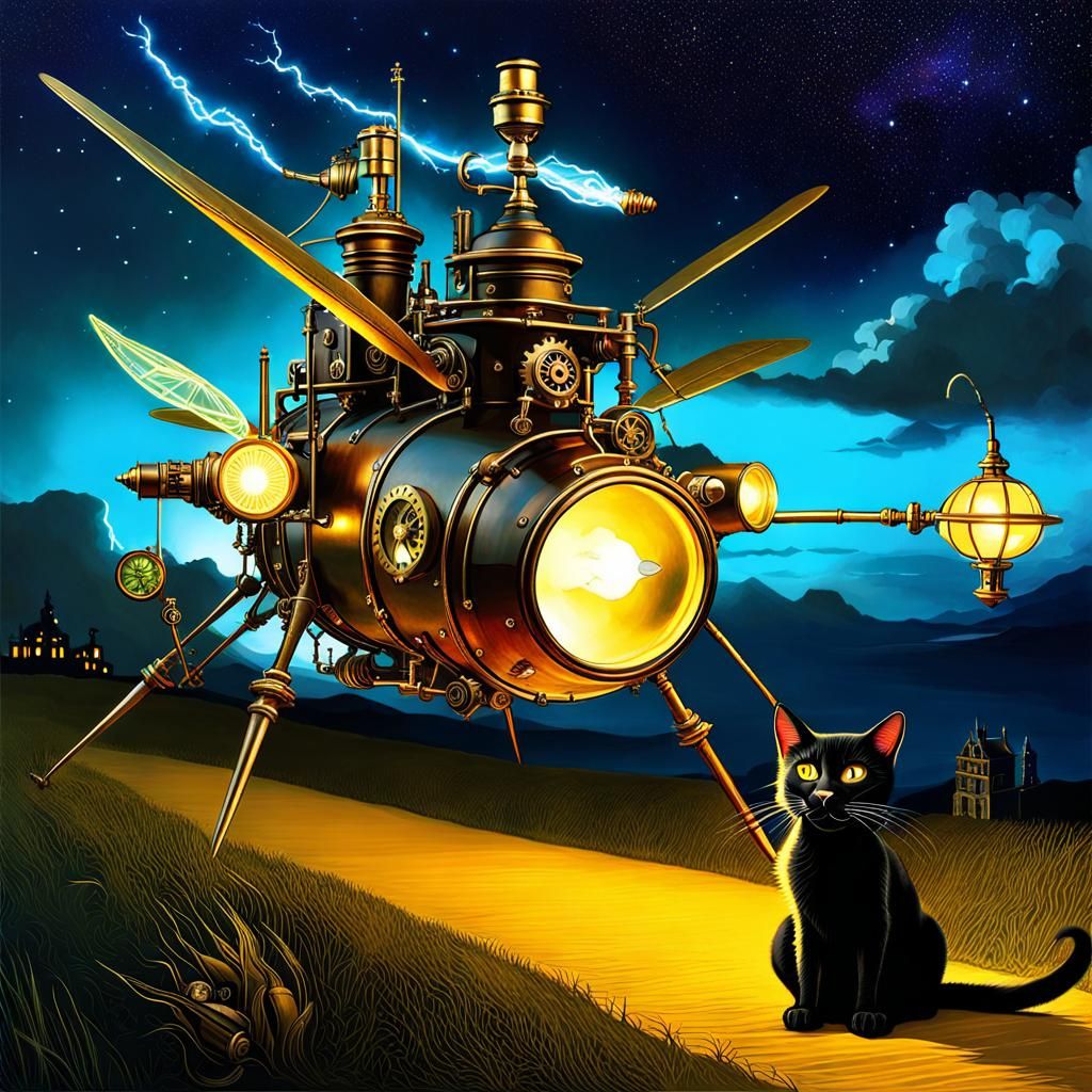 Steampunk Firefly and Cat with Bioluminescent Glow