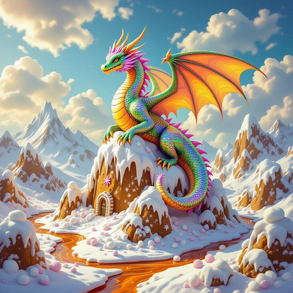 Dragon on Gingerbread Mountains in Candy Landscape