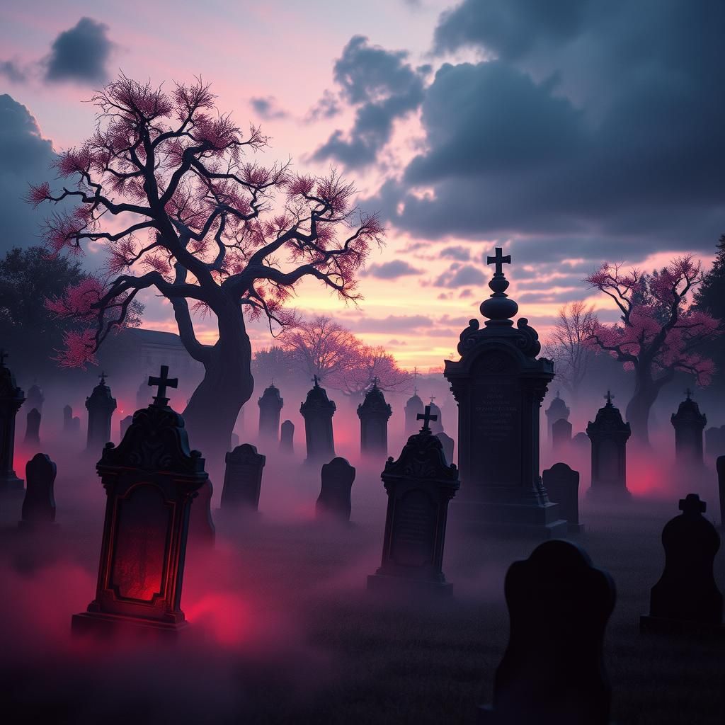 A surreal, pink-tinted graveyard under a twilight sky.