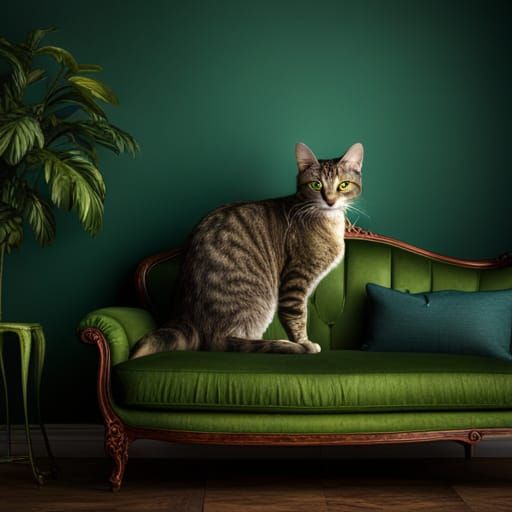 striped green cat on a couch