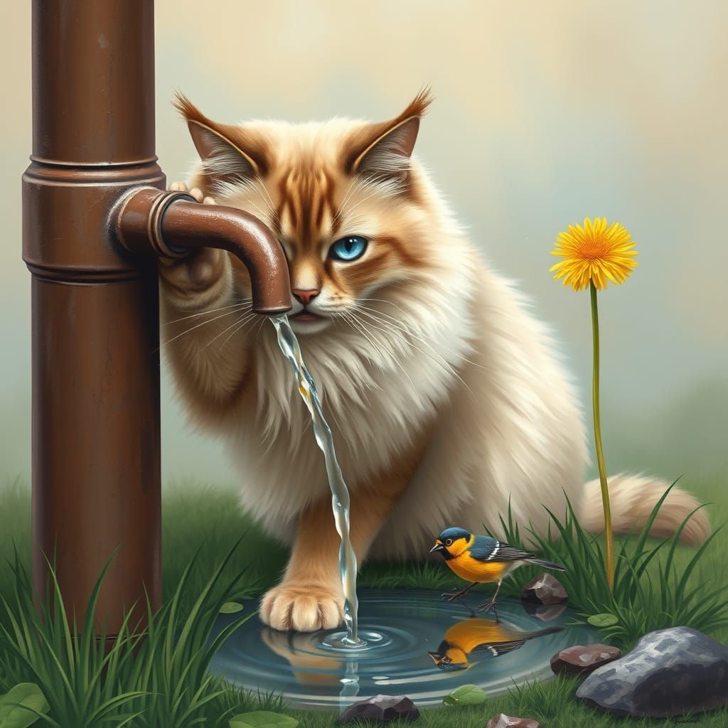 Persian Cat at Water Spout, Astral Illustration