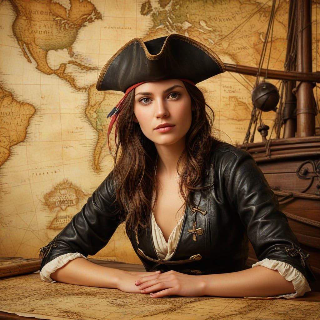 Female Pirate Posing with Ship and Map as Oil Painting
