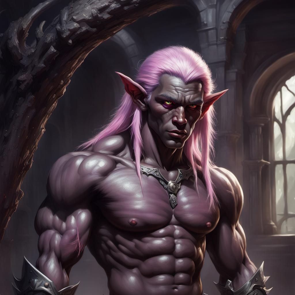 Muscular Dark Elf with Purple Hair, Sinister Art