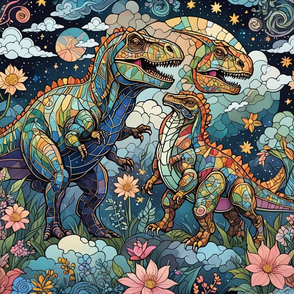 T Rex and Triceratops Dancing in Space