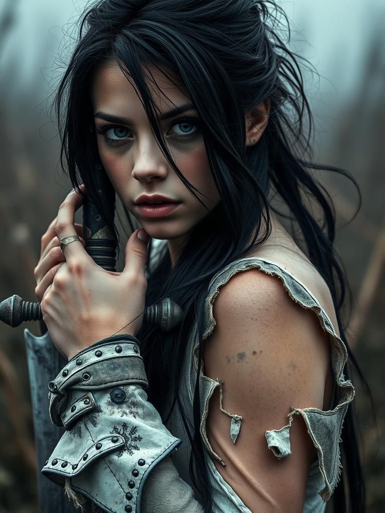 Monochrome Portrait of a Female Warrior on Battlefield