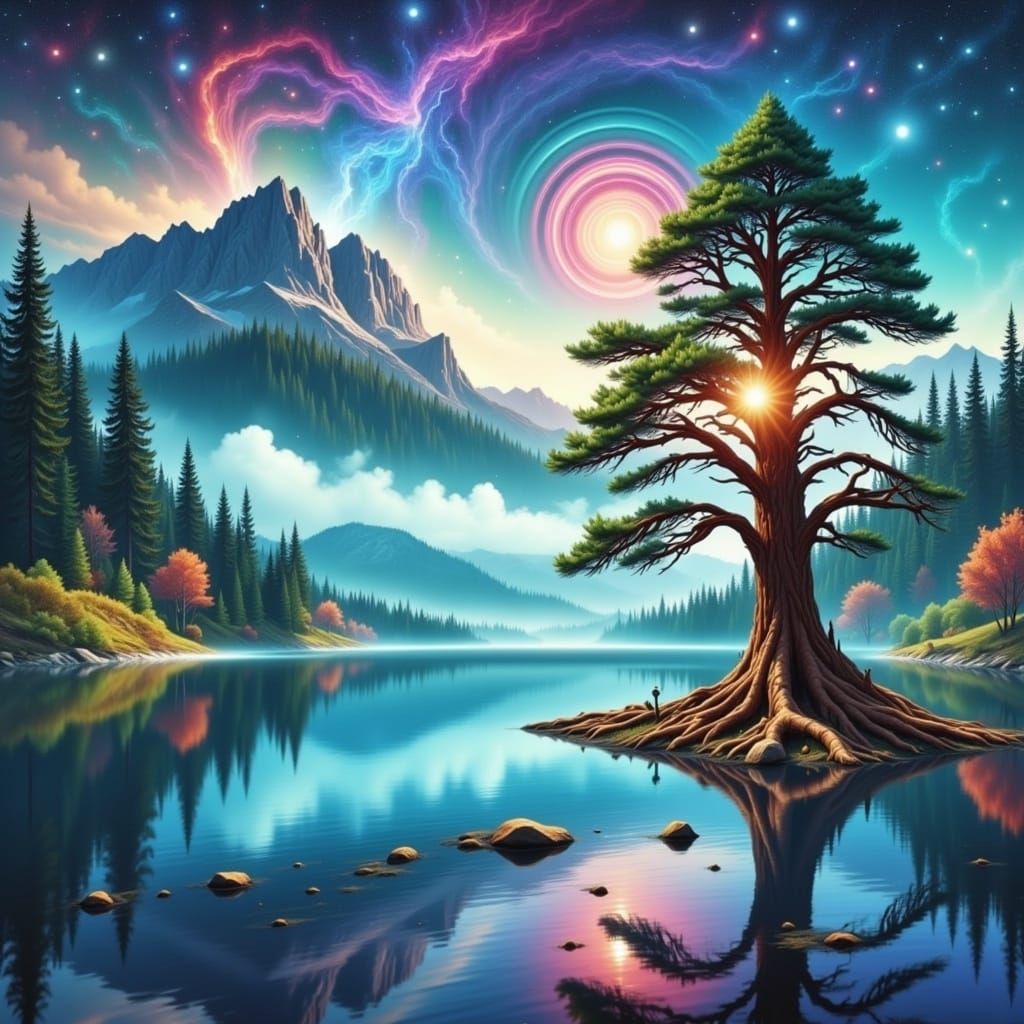 Majestic Ancient Redwood Tree in Serene Lake Landscape