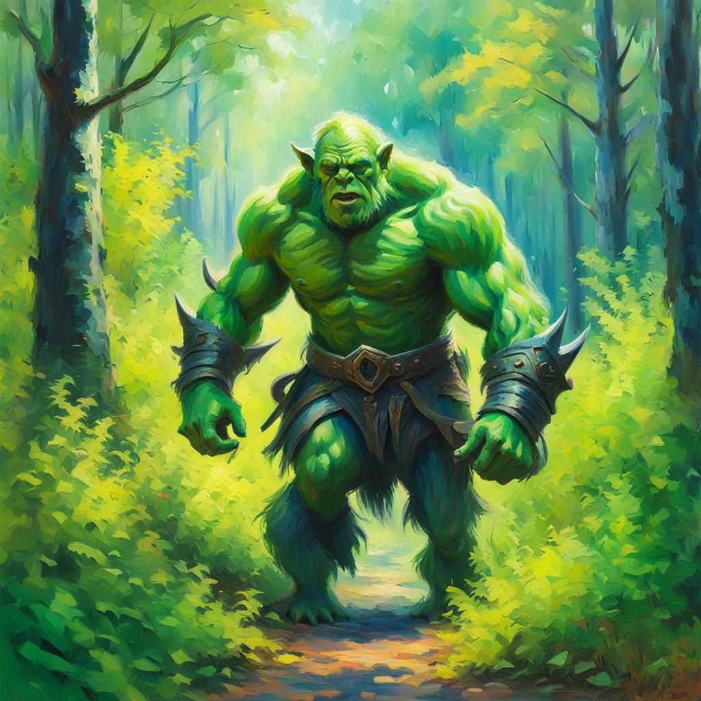 Green Orc in Forest: Impressionistic Pastel Art