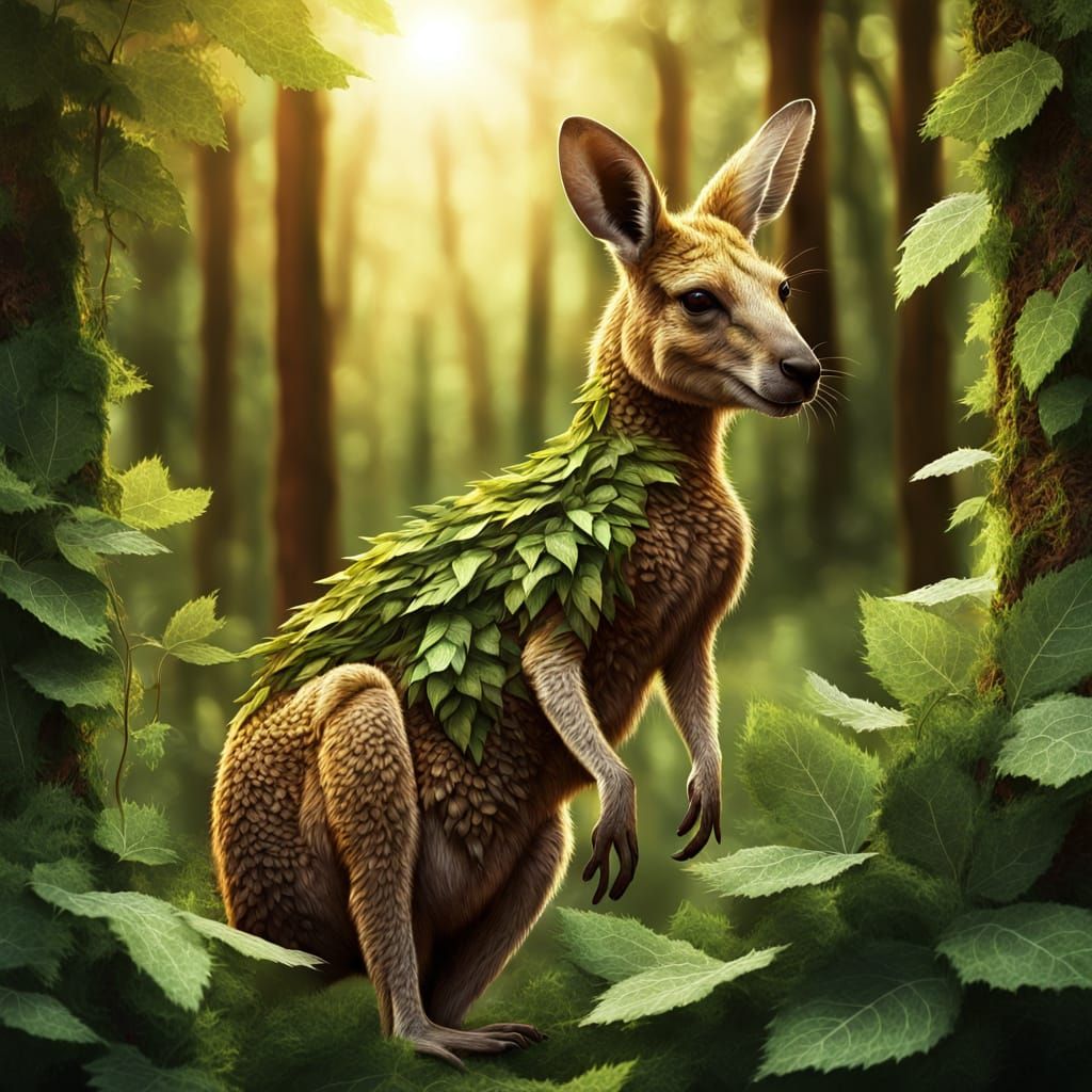 Leaf Kangaroo Hops in Forest: Digital Art