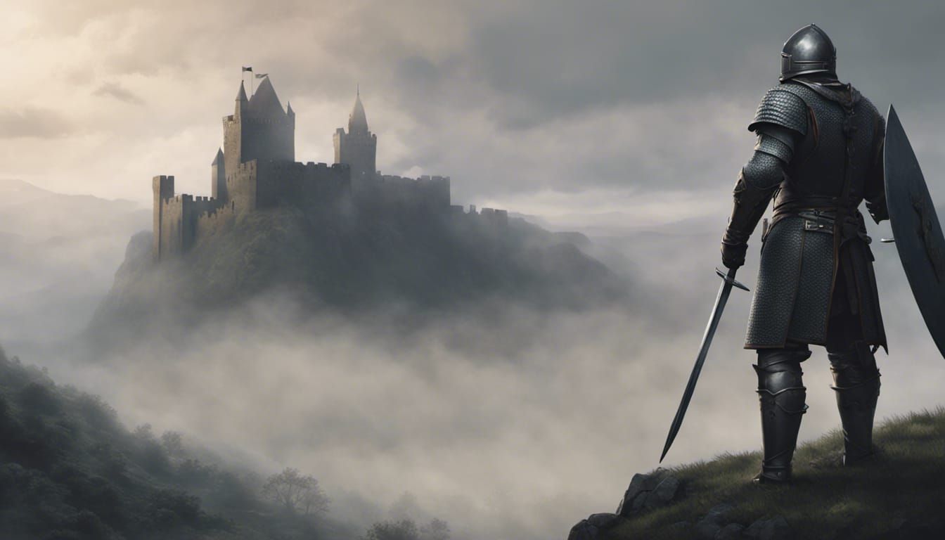 Armored Medieval Warrior with Castle, Dark Fantasy Art