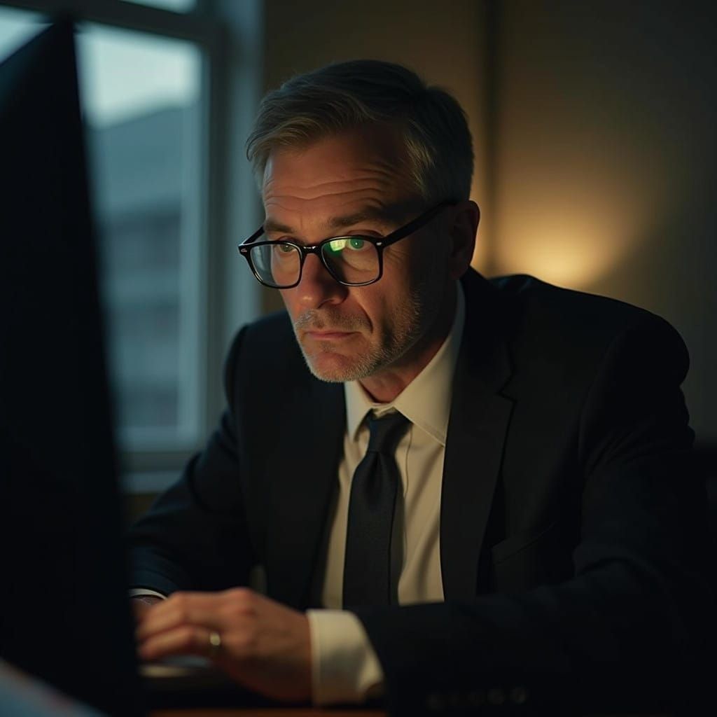 Weary Office Worker in Late-Night Contemplation