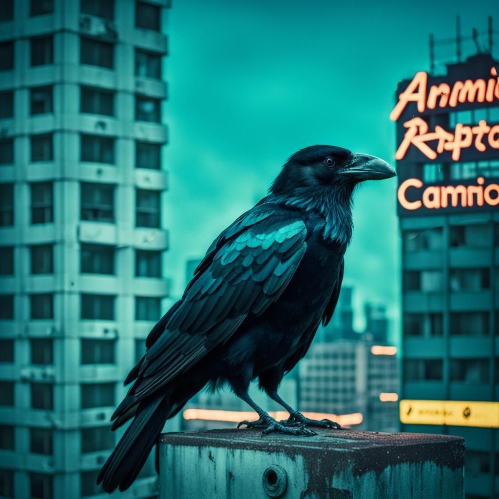 Turquoise Crow on Ruined Skyscraper in Neon Light
