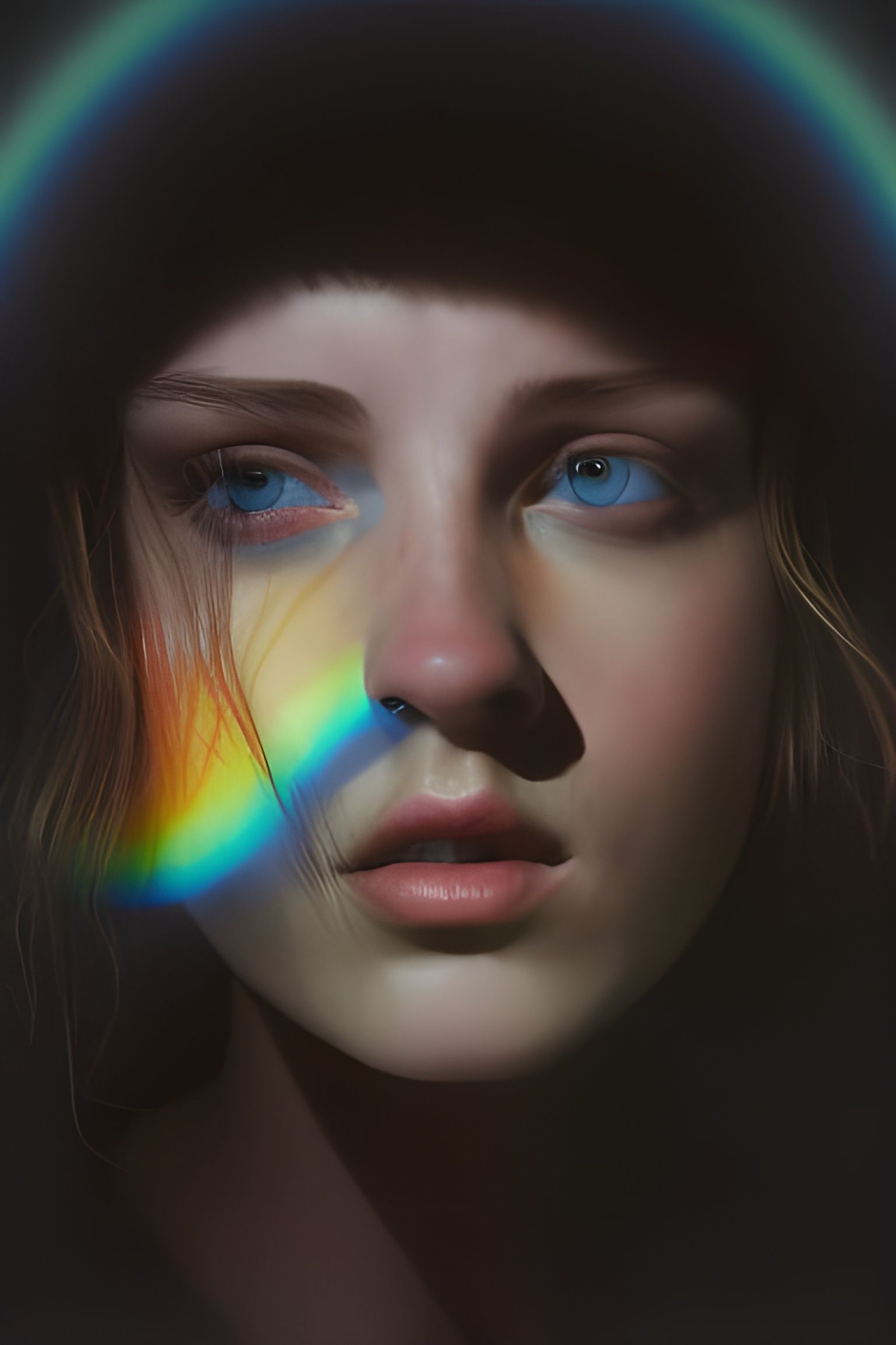 Woman's Face Lit by Rainbow: Detailed Matte Painting