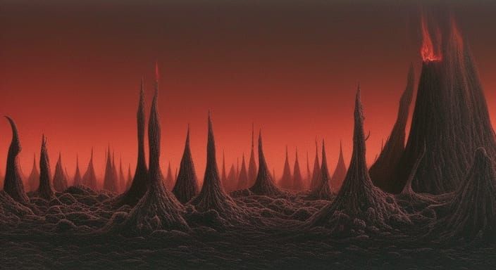 Surreal Landscape with Crystal Towers and Black Hole