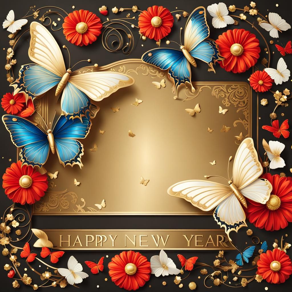 Celebration Postcard with Butterflies and New Year Message