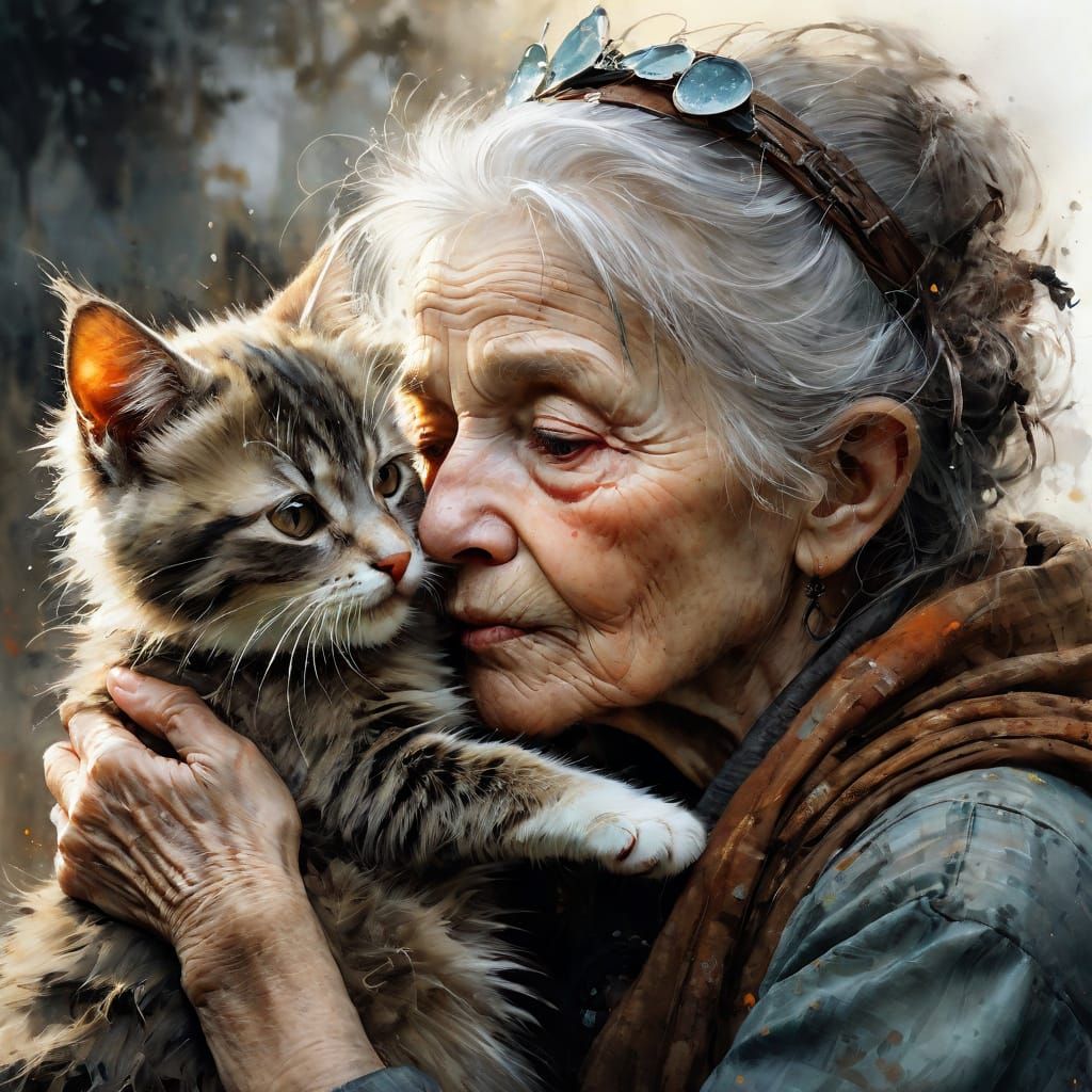 Warm Watercolor Portrait of a Gentle Old Woman and Her Belov...