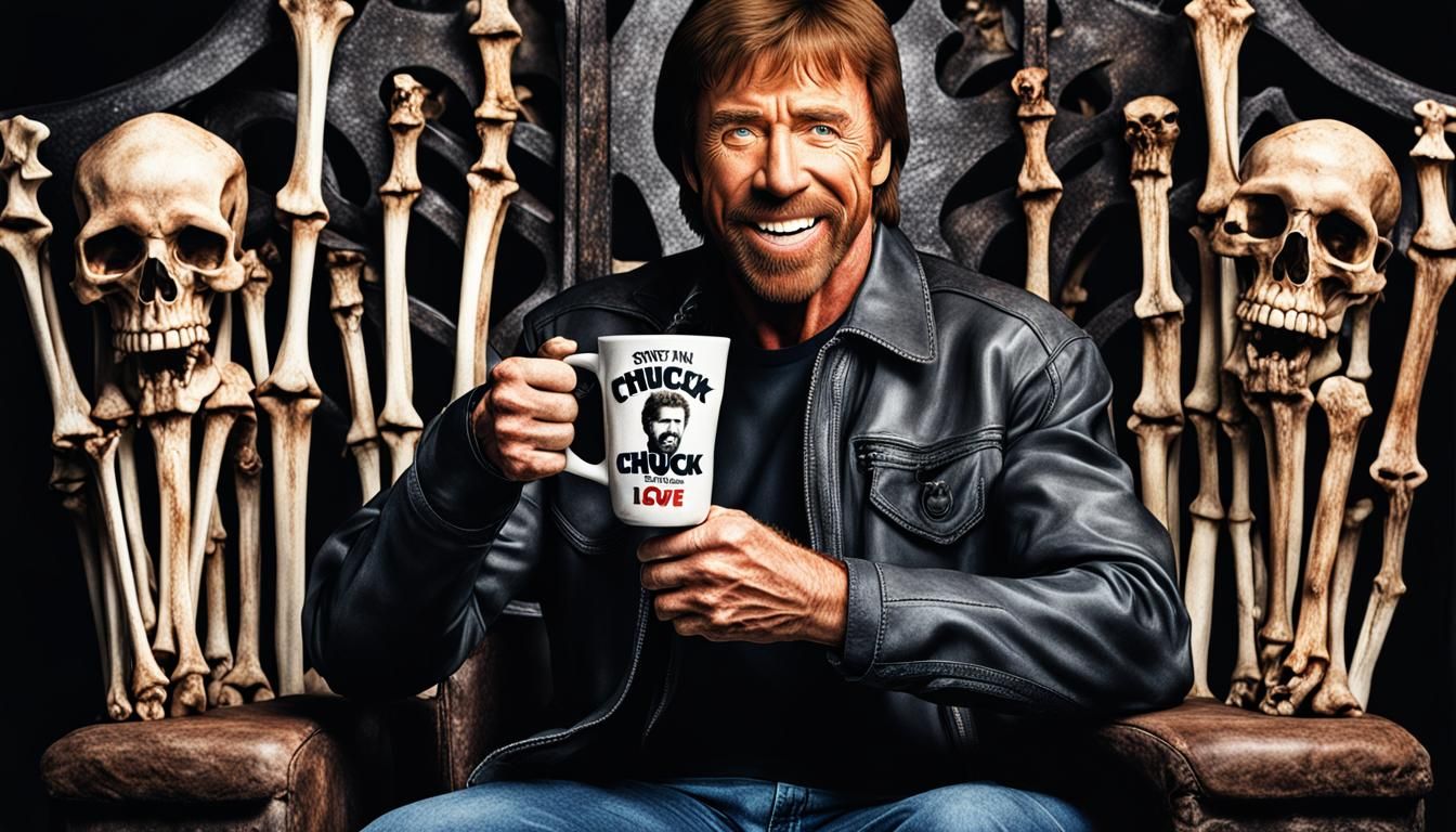 Chuck Norris on Bone Throne: Hyperrealistic HDR Portrait