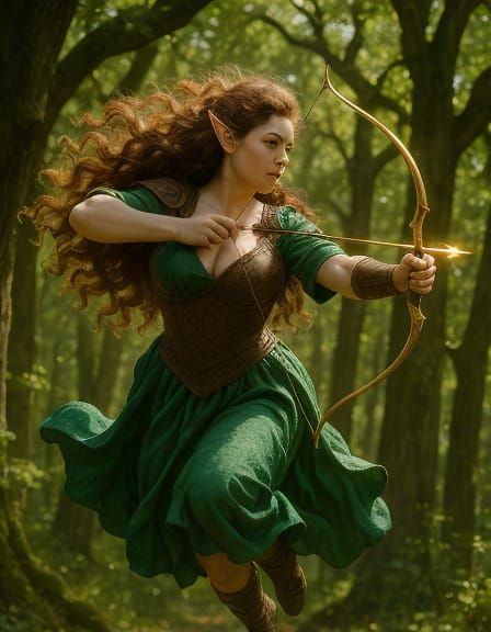 Elven Archer Soaring Through Sun-Dappled Forest