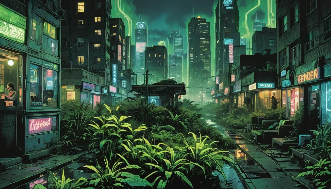 Cyberpunk Comic Book in Dystopian Cityscape