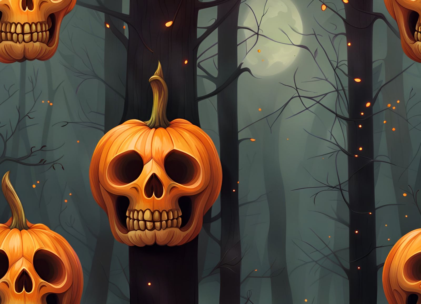 Spooky Pumpkin Skulls in a Foggy Halloween Forest