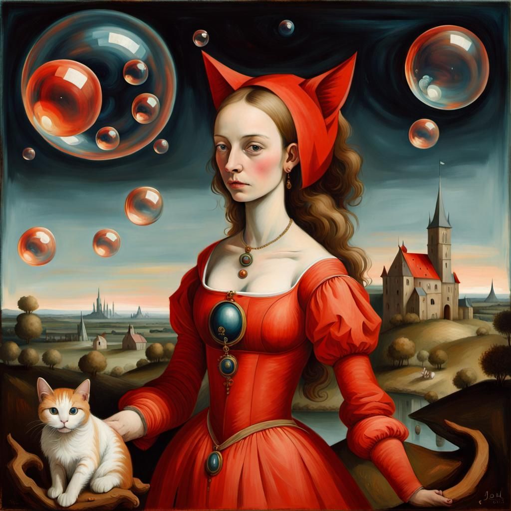 Surreal Cat-Headed Woman with Universe Bubble