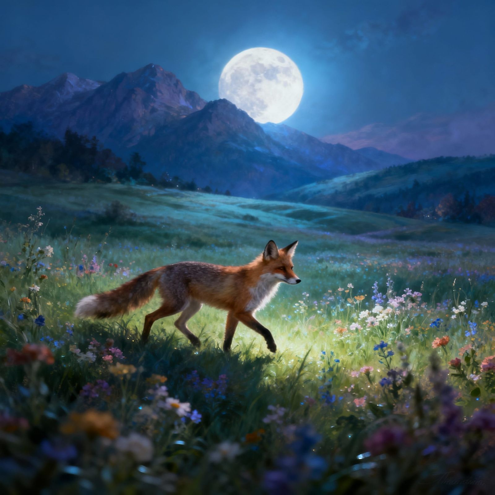 Moonlit Meadow with Fox and Mountains Fantasy Concept Art