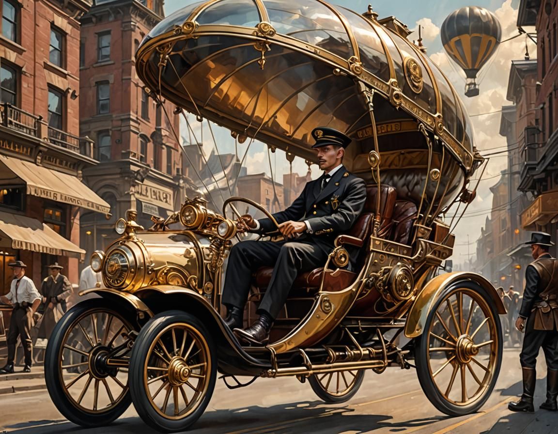 Steampunk Dirigible Rickshaw Driver in Oil Painting Style