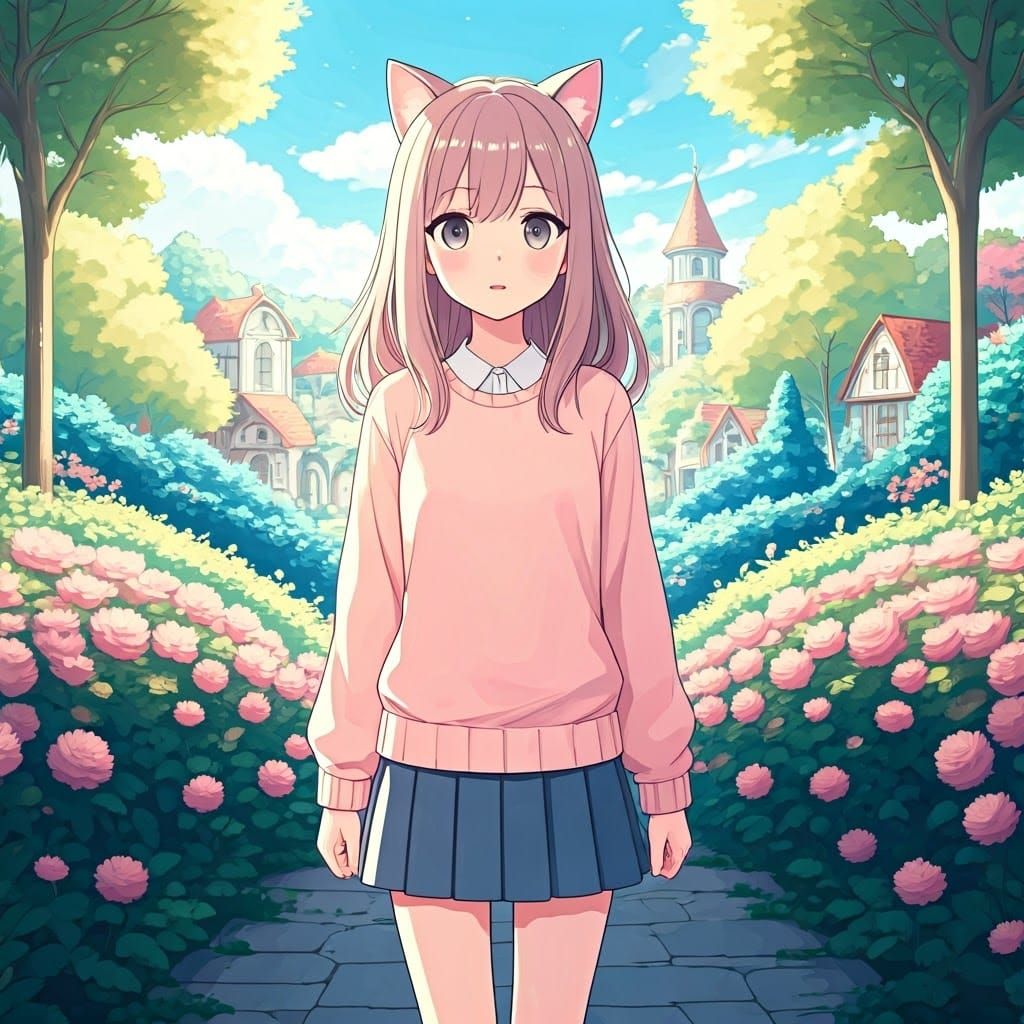 Anime Girl with Cat Eyes in Whimsical Garden