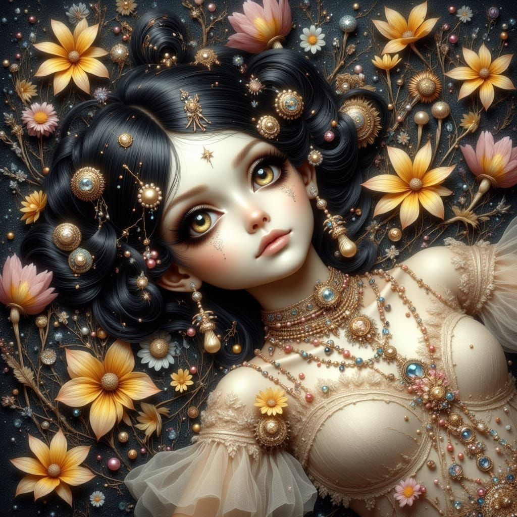 Tim Burton Style Woman with Pearls and Daisies