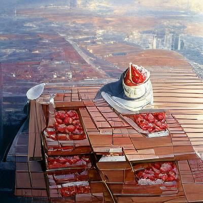 A strawberry cake on the roof of the tallest building