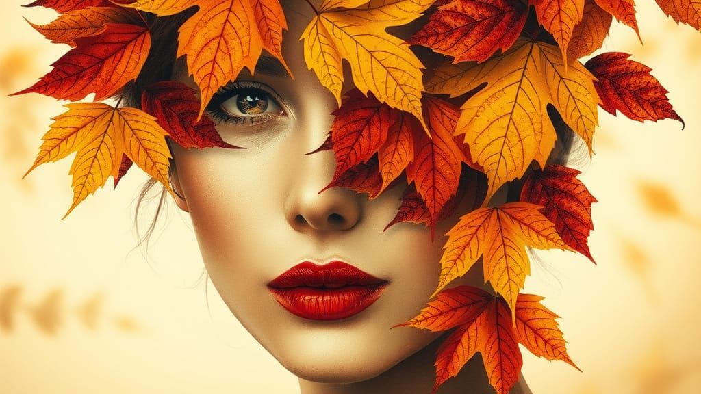Autumn Woman: A Collage of Crimson Leaves
