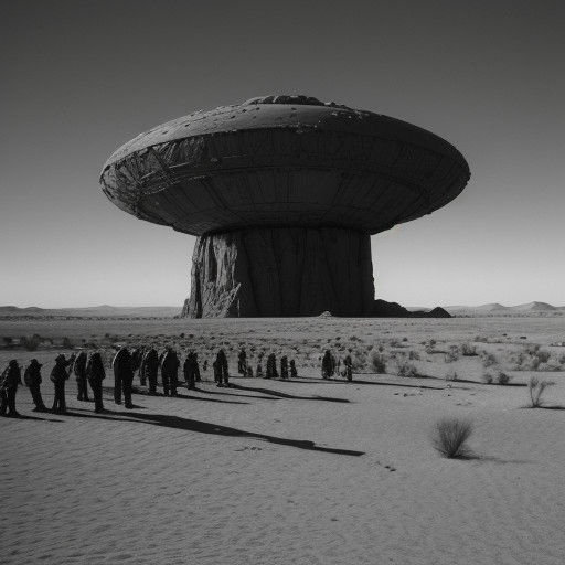 Settlers Stand Amidst Abandoned UFO in Alien Desert Landscap...