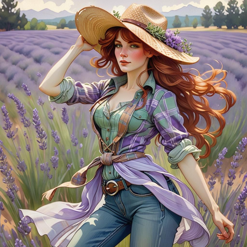 Cowgirl Dancing in Lavender Field, Art Nouveau Style