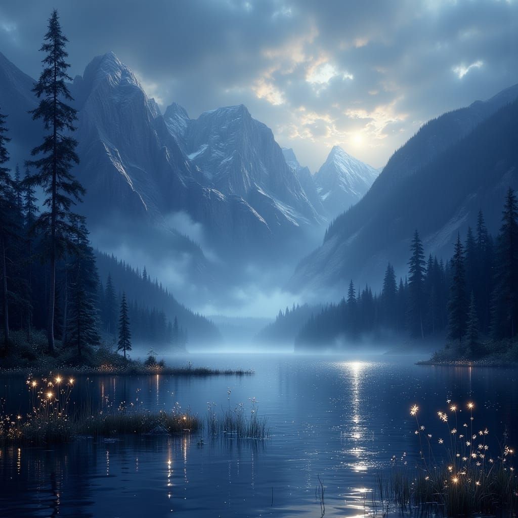 Ethereal Indigo Mountains Under Twilight Sky