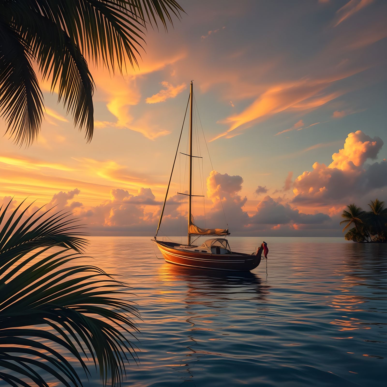 Tropical Sunset Scene with Sailboats in Lagoon
