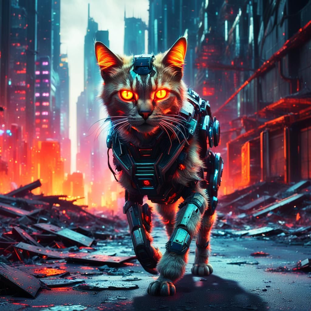 Gritty Robot Cat Navigates Blazing Ruins