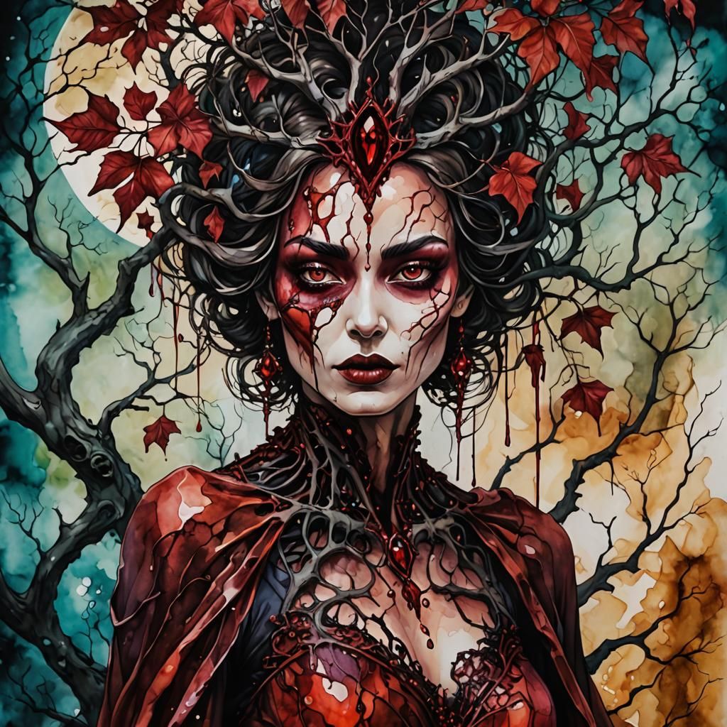 Surreal, High-Detail Artwork with Mystical, Crimson Woman