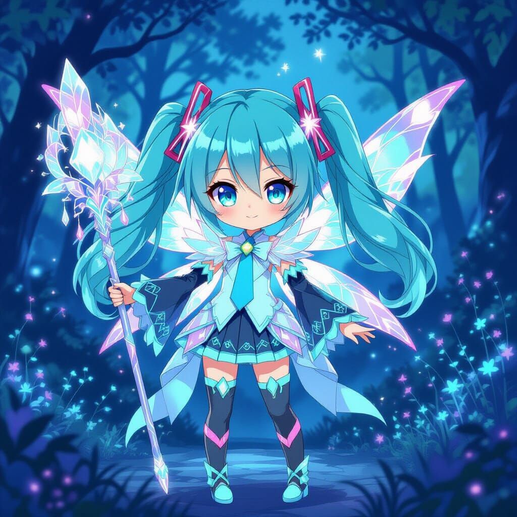 Chibi Hatsune Miku as Fairy Oracle Brawler in Enchanted Fore...