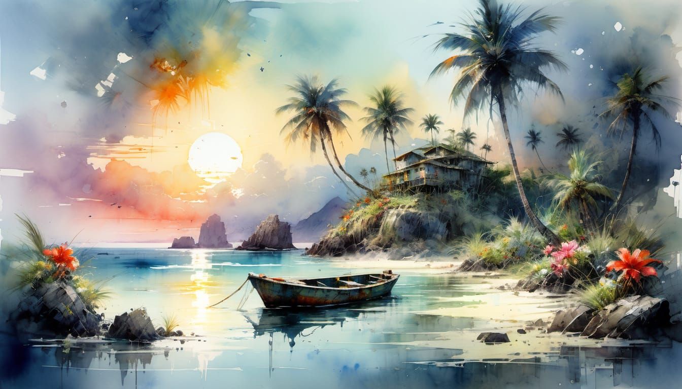 Watercolor Tropical Paradise with Dramatic Sunset