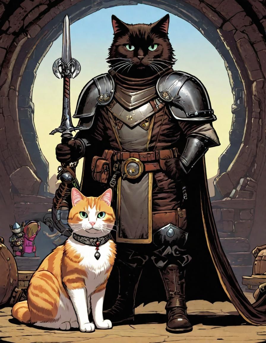 Carl and Princess Donut the cat standing together. From the book "Dungeon Crawler Carl"